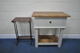 A MODERN PARTIALLY PAINTED SIDE TABLE, with a single frieze drawer, raised on block legs, united