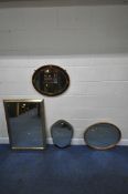 A GILT WOOD RECTANGULAR BEVELLED EDGE WALL MIRROR, 104cm x 72cm, a frameless mirror, a dressing