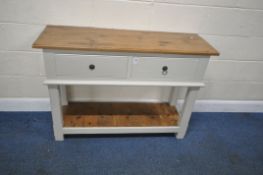 A MODERN PARTIALLY PAINTED SIDE TABLE, with two frieze drawers, raised on block legs, united by an