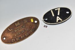 TWO RAILWAY PLATES, comprising a repainted cast iron 17A shed plate (Derby), length 18cm x height