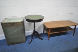 AN ELM RECTANGULAR COFFEE TABLE, raised on cylindrical tapered legs, united by a slatted undershelf,