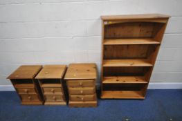 A MODERN PINE OPEN BOOKCASE, width 76cm x depth 28cm x height 135cm, a pair of bedside cabinets with