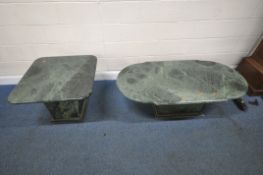 A GREEN MARBLE COFFEE TABLE, raised on a box plinth, and a stepped base, width 139cm x depth 69cm
