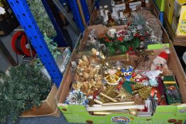 TWO BOXES AND LOOSE CHRISTMAS DECORATIONS to include assorted baubles, artificial leaf and pine cone