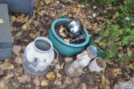 A COLLECTION OF GARDEN ORNAMENTS AND POTS including two large green glazed plant pots the largest