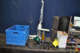 A TRAY CONTAINING HOUSEHOLD ELECTRICAL ITEMS including a pair of Technics SB-HD350 speakers, a