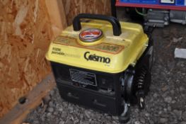 A COSMO 950w PORTABLE PETROL GENERATOR with one UK plug outlet (engine pulls freely but hasn't