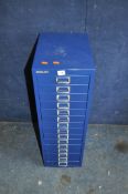 A MODERN BLUE BISLEY 15 DRAWER FILE CABINET width 28cm, depth 38cm, height 86cm