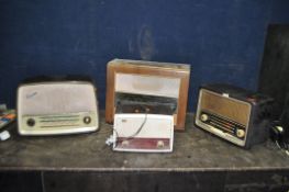 FOUR VINTAGE VALVE RADIOS including a Bush VHF71 in brown Bakelite case (working), a Bush AC34 in