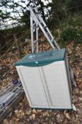 A PLASTIC GARDEN CUPBOARD with lid and two doors width 76cm, depth 50cm, height 98cm and an