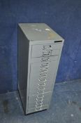 A VINTAGE GREY BISLEY 15 DRAWER FILE CABINET width 28cm, depth 41cm, height 94cm Condition Report: