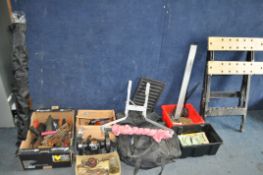 FIVE TRAYS AND TWO BAGS CONTAINING TOOLS including soft luggage, a Challenge bench grinder (PAT pass