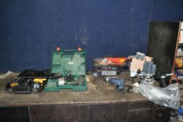 A COLLECTION OF POWER TOOLS including a DeWalt DW907 12v drill with case one battery and charger,
