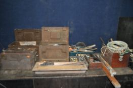 FOUR AMMO BOXES, FIVE TRAYS AND A BAG CONTAINING TOOLS including a harness, a laser level, pipe