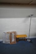 A MODERN WOODEN TABLE, still in its packaging, a small bench, and a standard lamp, condition report: