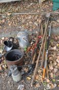 A COLLECTION OF GARDEN TOOLS AND ORNAMENTS including a small coopered bucket, a galvanised and a