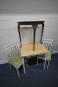 A PARTIALLY PAINTED BEECH RECTANGULAR TABLE, width 75cm x depth 61cm x height 76cm, a pair of