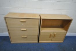 A MODERN CHEST OF THREE DEEP DRAWERS, width 88cm x depth 37cm x height 93cm, along with a matching