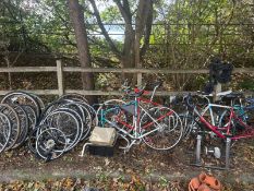 A COLLECTION OF BIKE FRAMES, WHEELS AND PARTS including Lynx, Giant, Viking and Raleigh frames, a