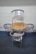 A MODERN PARTIALLY PAINTED DROP LEAF PEDESTAL TABLE, raised on four legs, diameter 91cm x width 56cm