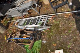 A COLLECTION OF GARDEN TOOLS AND STEP LADDERS including there step ladders, spades, forks,