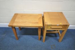 A MODERN SOLID OAK LAMP TABLE, with a single drawer, 45cm squared x height 60cm, along with a coffee