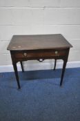 A GEORGIAN OAK SIDE TABLE, with a single frieze drawer, raised on tapered legs with pad feet,