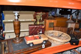 A QUANTITY OF TREEN AND SUNDRY ITEMS, to include a book rest, a letter/stationery rack, individual