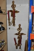 A PAIR OF GILT CANDLE SCONCES, each holding two candles, with ribbon and bird design, height