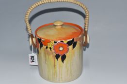 A CLARICE CLIFF 'BIZARRE' BISCUIT BARREL in a 'Jonquil' pattern, produced for Newport Pottery with a
