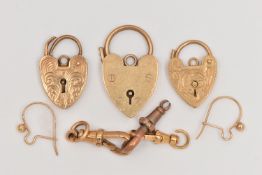 A SMALL ASSORTMENT OF JEWELLERY, to include three 9ct gold heart padlock clasps, two with an