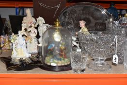 A GROUP OF GLASSWARE AND SUNDRY ITEMS, to include a cut crystal pedestal bowl, square decanter,