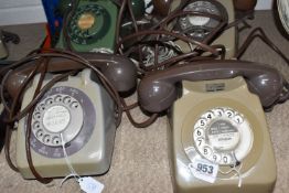 A GROUP OF FOR VINTAGE GPO TELEPHONES to include three model 706 phones to include one mounted on
