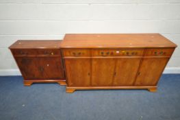 A REPRODUCTION YEW WOOD SIDEBOARD, fitted with three drawers over four cupboard doors, length