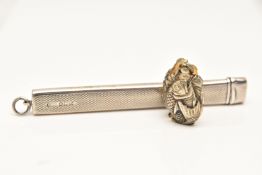 A SILVER CASE AND A CONTINETAL WHITE METAL LOCKET, the case of a rectangular form with engine turned
