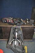 A GOLF BAG, CLUBS AND A POWAKADDY TROLLEY with bag, battery and charger, clubs include Wilson,