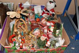 TWO BOXES OF VINTAGE CHRISTMAS DECORATIONS, to include vintage Santa figures, continental style