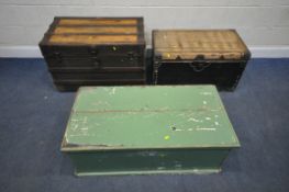 A GREEN PAINTED PINE TRUNK, with a hinged lid and twin metal handles, width 106cm x depth 54cm x