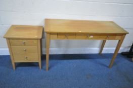 A MODERN OAK SIDE TABLE, with three frieze drawers, raised on square tapered legs, width 124cm x