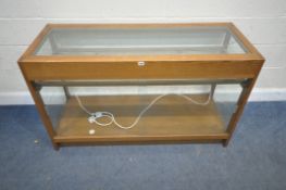 A 20TH CENTURY OAK FRAMED DISPLAY CABINET, with double glass sliding doors, 137cm x depth 54cm x