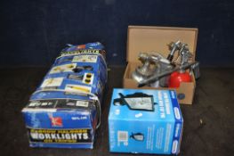 AN AID MODEL 14 SPRAY GUN, another spray gun, a parts washing gun, a halogen work light and a