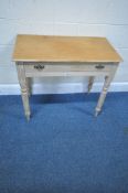 A 19TH CENTURY PINE SIDE TABLE, with a single frieze drawer, raised on block and turned legs,