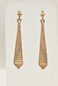 A PAIR OF 9CT GOLD TRI-COLOUR DROP EARRINGS, fitted with posts for pierced ears, missing scroll