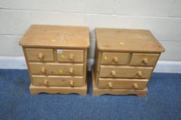 A PAIR OF MODERN PINE CHEST OF TWO SHORT OVER TWO LONG DRAWERS, of small proportions, width 50cm x