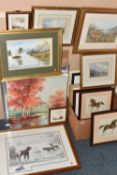 A QUANTITY OF PICTURES AND PRINTS, to include a watercolour landscape with cottages signed and dated