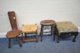 AN OAK SPINNING STOOL, with a knight in armor and a shield with a cross, height 71cm, along with