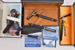 THREE BOXED 'WATERMAN' PEN SETS WITH CARTRIDGES, to include a boxed 'Ideal' fountain pen fitted with