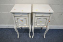 A PAIR OF PAINTED BEDSIDE CUPBOARDS, with a single drawer over a cupboard door, raised on cabriole