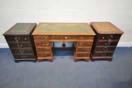 A 20TH CENTURY YEW WOOD TWIN PEDESTAL DESK, with a green leather writing surface, fitted with