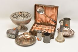 A BOX OF SILVER AND WHITE METAL ITEMS, to include a silver cauldron shape salt raised on three